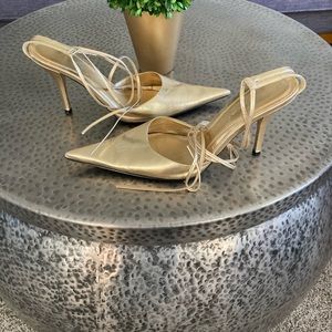 Holiday Heels- Nine West Gold Pointed toe ankle tie up heels. Size 8.